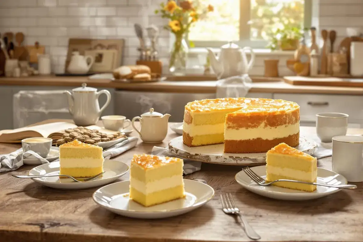 Un délicieux gâteau magique vanille, aux couches aériennes, est servi avec des parts individuelles sur une table en bois.