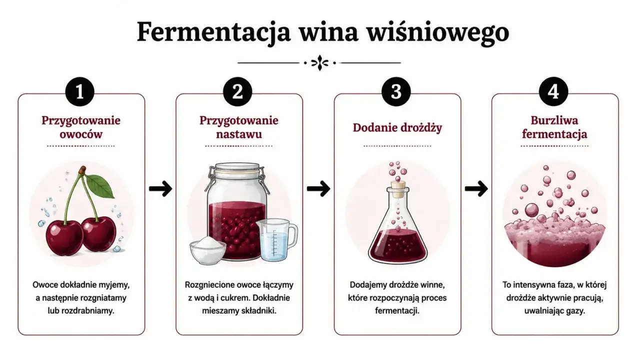 Schemat przedstawia etapy fermentacji wina wiśniowego: przygotowanie owoc&oacute;w, nastawu, dodanie drożdży i burzliwą fermentację.