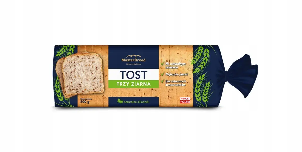 Chleb tostowy pełnoziarnisty Trzy Ziarna MasterBread na naturalnym zakwasie, z najlepszą jakością i bez sztucznych konserwantów.