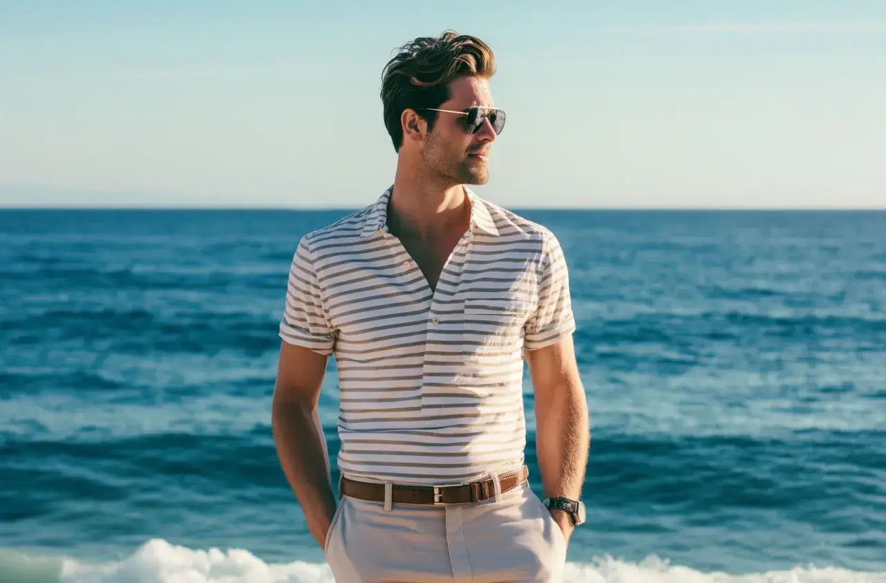 Man in stylish mens summer cocktail attire, featuring a striped polo and light trousers, stands by the ocean.