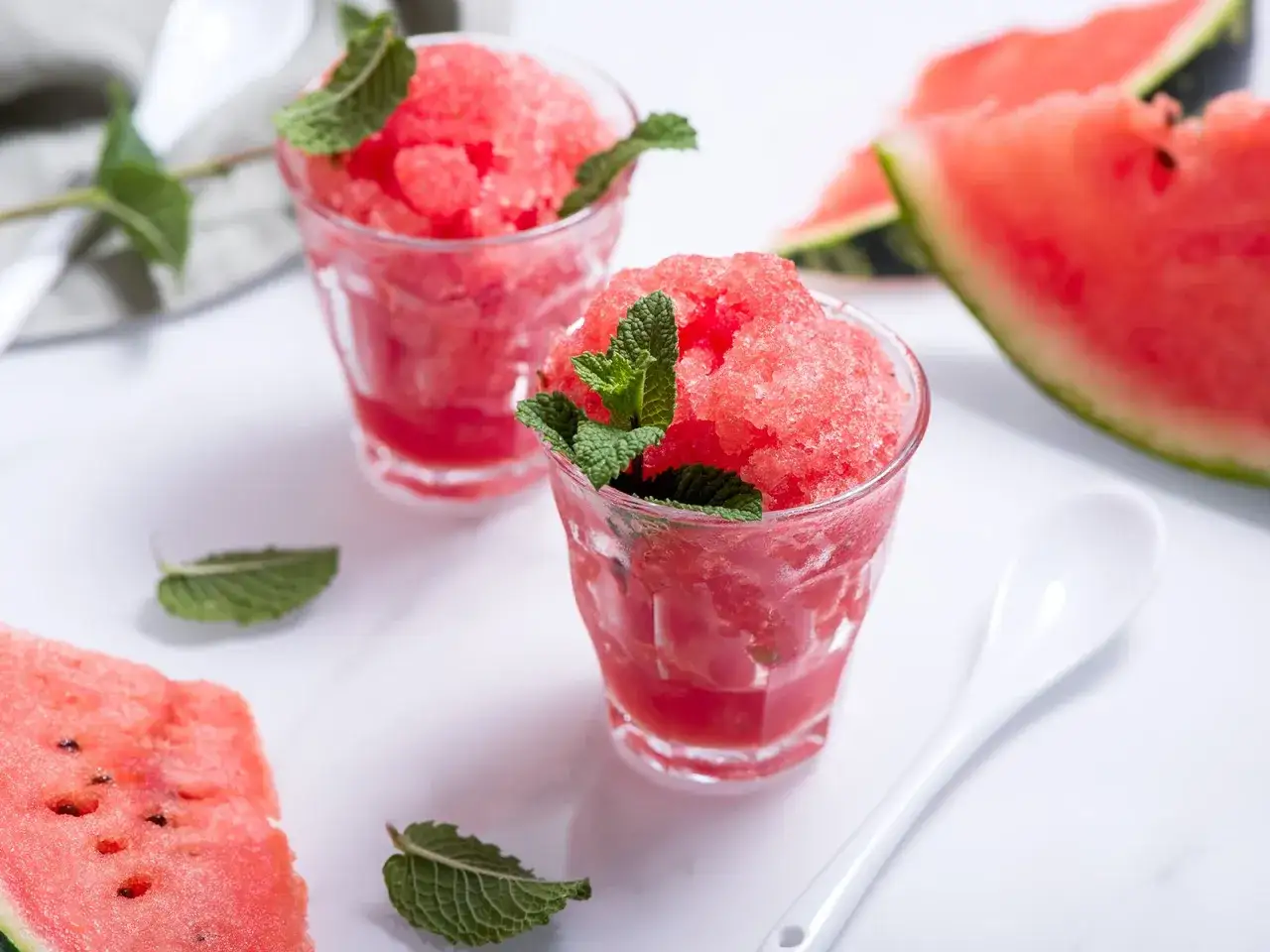 Erfrischendes Wassermelonen Sorbet in Gläsern, garniert mit Minze. Daneben liegen frische Wassermelonenscheiben und ein Löffel.