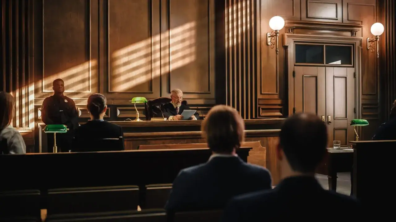 Un giudice ascolta attentamente la testimonianza in un'aula di tribunale. La luce filtra dalle finestre, illuminando la scena.