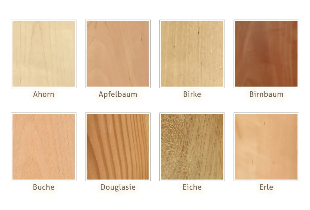 Holzmuster: Ahorn, Apfelbaum, Birke, Birnbaum, Buche, Douglasie, Eiche, Erle. Die feine Maserung der Buche und die grobe Struktur der Eiche sind gut erkennbar.