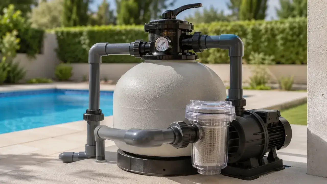 Sistema de filtración y bomba para el mantenimiento de piscinas, listo para mantener el agua cristalina.