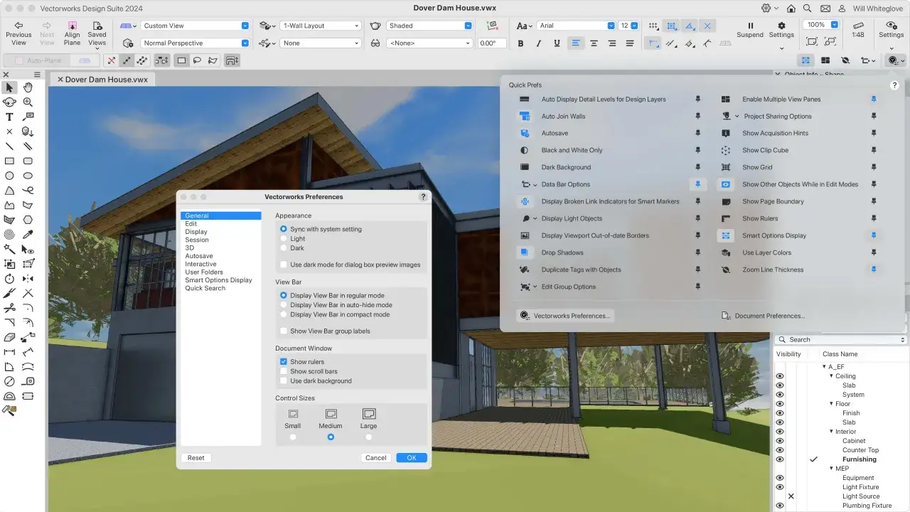 Ustawienia programu cad Vectorworks, okno z podglądem domu i panel preferencji.