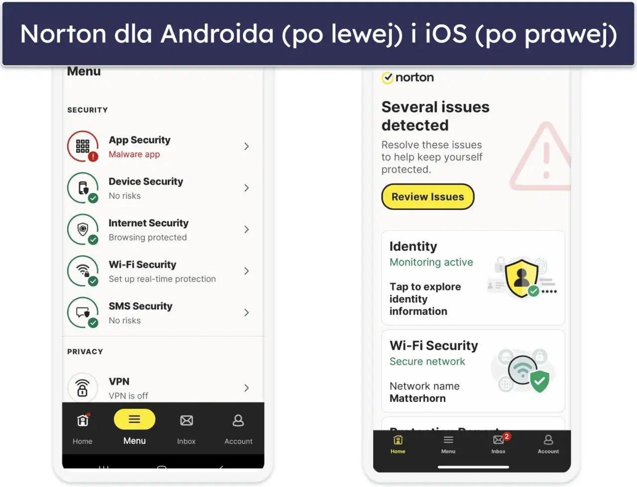 Norton dla Androida i iOS: aplikacja antywirusowa pokazuje wykryte zagrożenia i opcje ochrony, np. Wi-Fi Security.