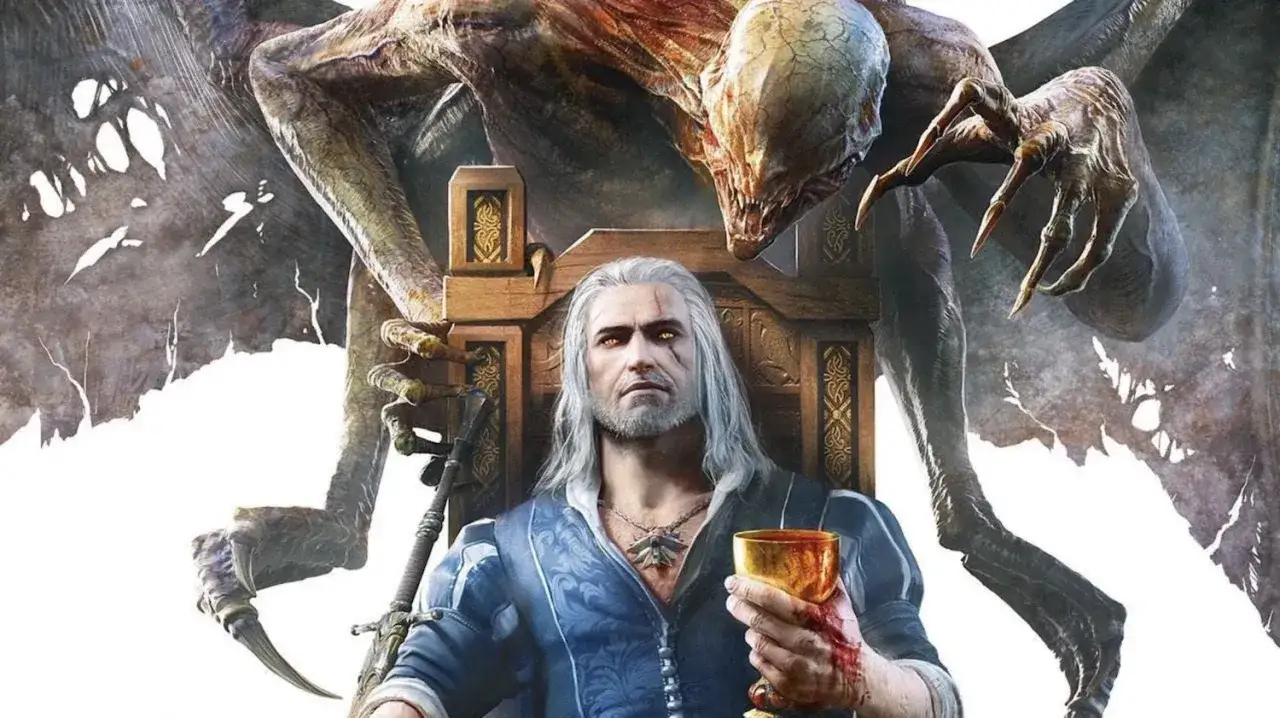 Geralt siedzi na tronie z kielichem krwi, a za nim czai się potwór. Zapowiedź Wiedźmin 1 remake.