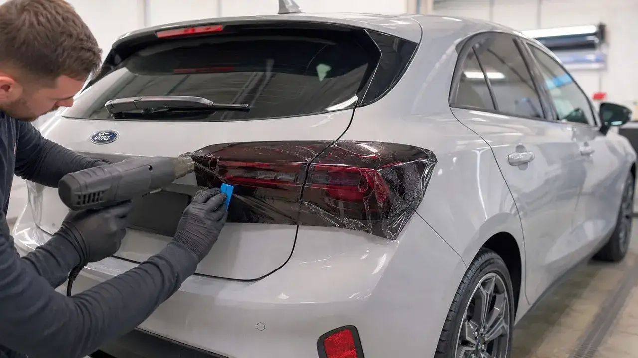 Pracownik przyciemnia tylne lampy samochodu Ford za pomocą opalarki i rakla. Czy można przyciemnić tylne lampy? Tak, oto jak to wygląda.