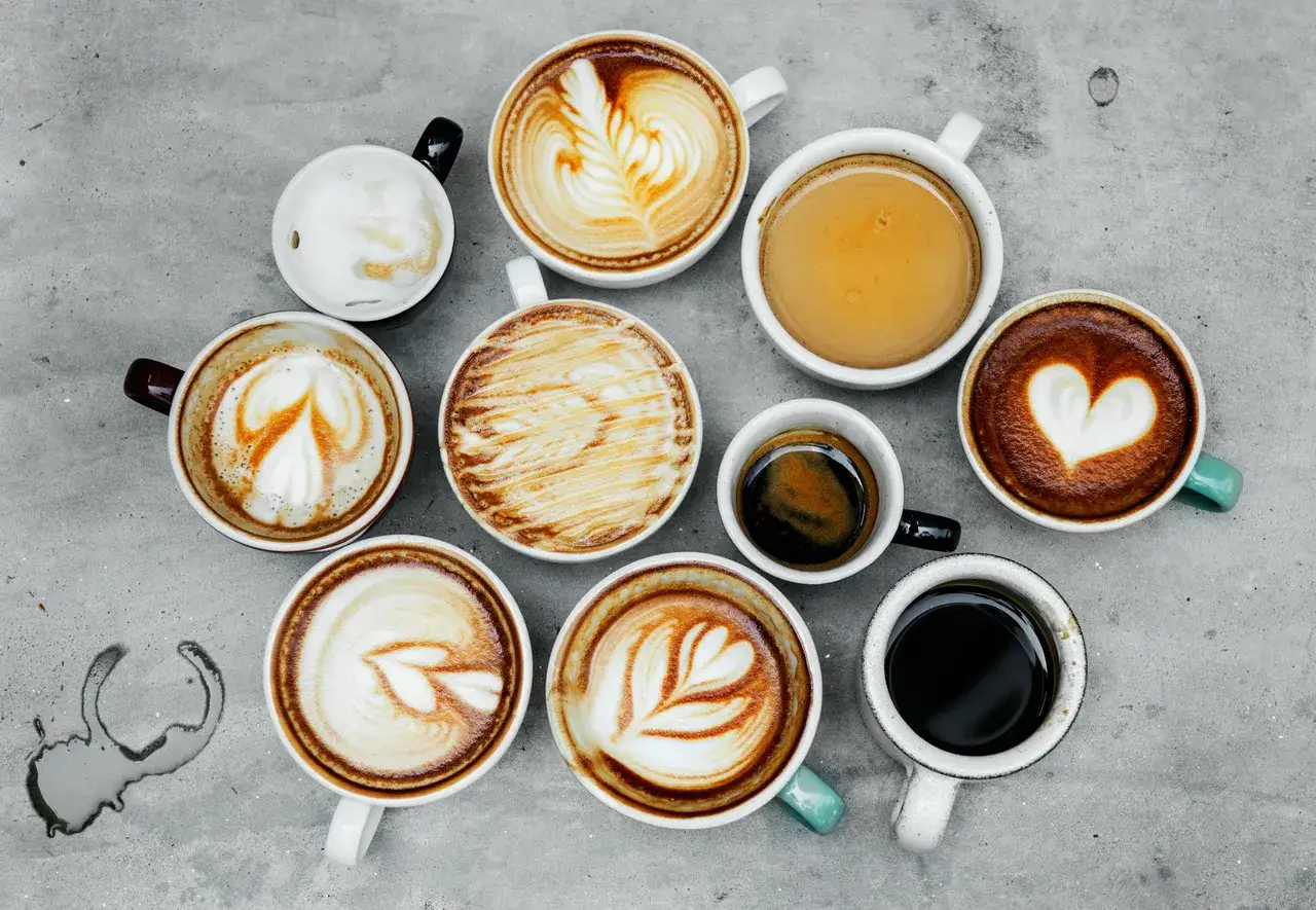 En samling kaffekoppar med olika lattekonst och espresso. H&auml;r ser du vad som kan finnas i kaffe: mj&ouml;lk, gr&auml;dde och m&ouml;rkrost.