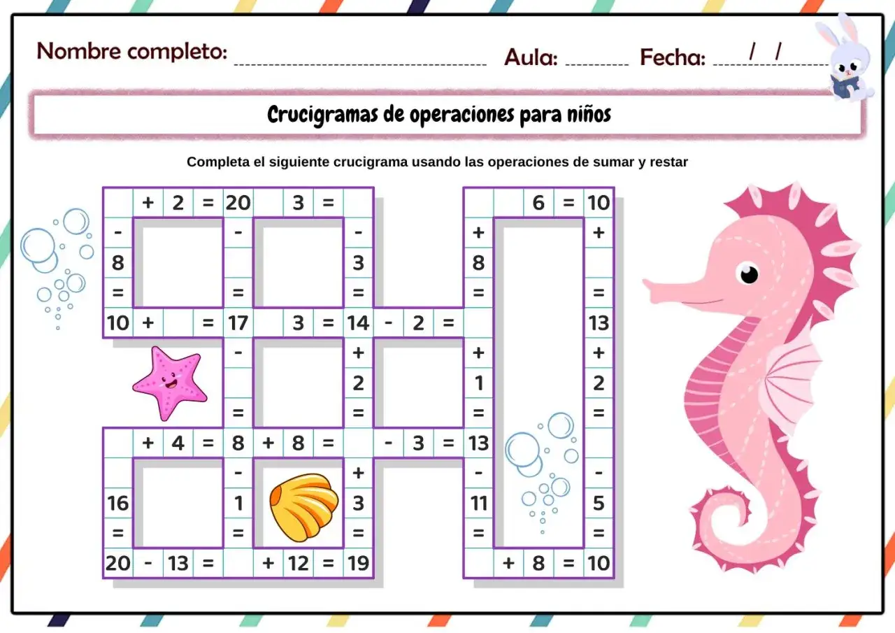 Un crucigrama de sumas y restas para niños, con un caballito de mar rosa y elementos marinos.