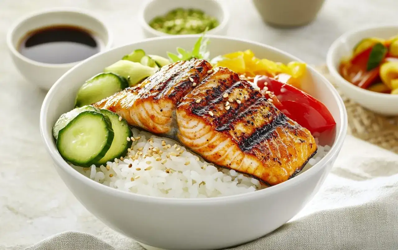 Schmackhafter Lachs auf Reis mit Gurken und Paprika. Eine gesunde Mahlzeit, die Reis und Proteine liefert.