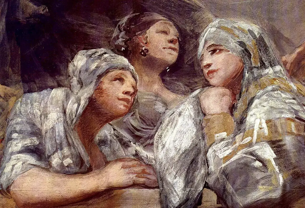 El si de las niñas resumen: tres mujeres con velos, una con pendiente, miran hacia arriba con expresión pensativa.