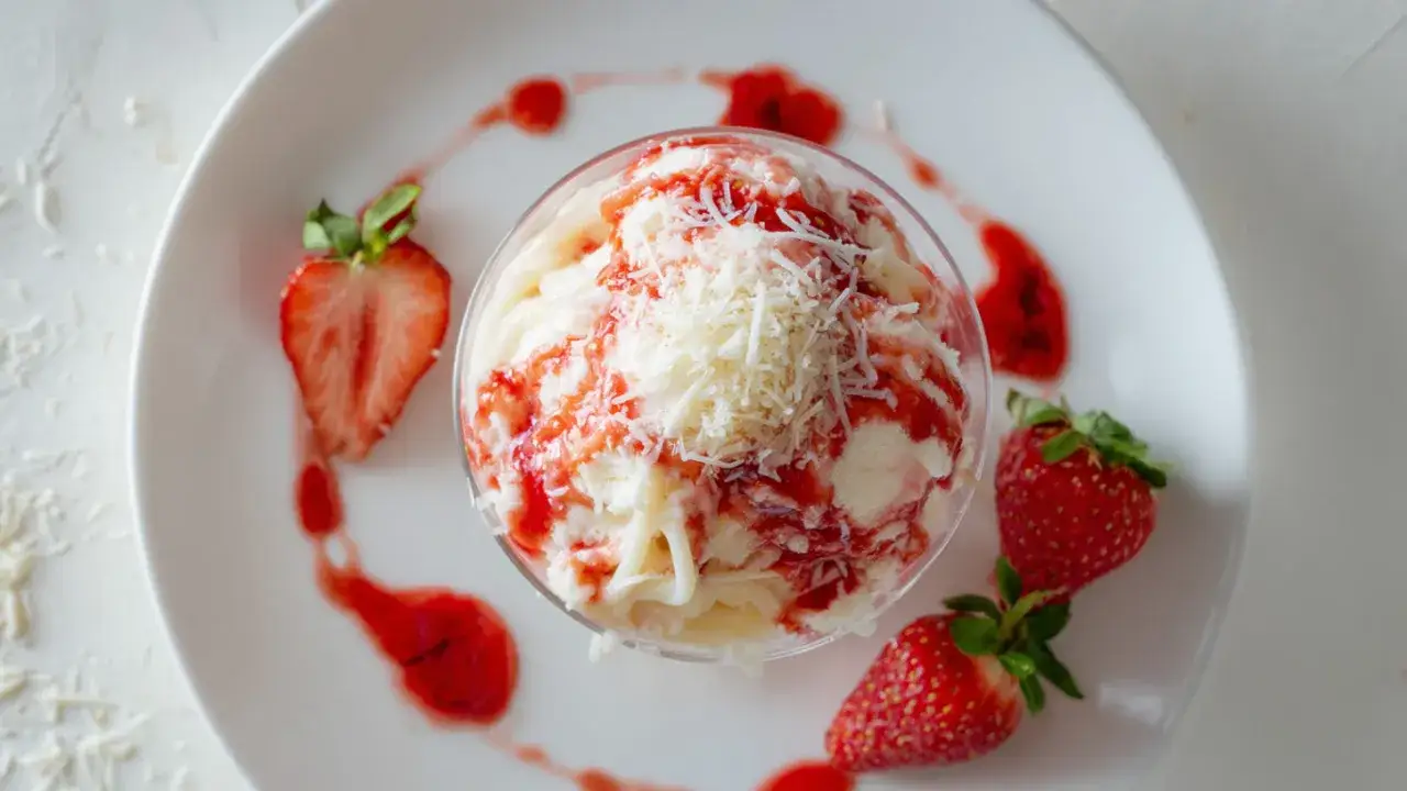 Vanilleeis mit Erdbeeren und Sahne, garniert mit geriebenem Weiß und Erdbeersauce. Ein köstlicher Genuss!