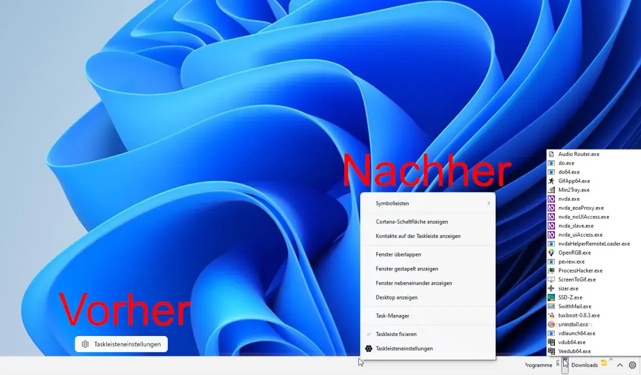 Windows 11 Desktop anzeigen: Vorher und Nachher. Rechts eine Liste mit Programmen, links das Kontextmenü der Taskleiste.
