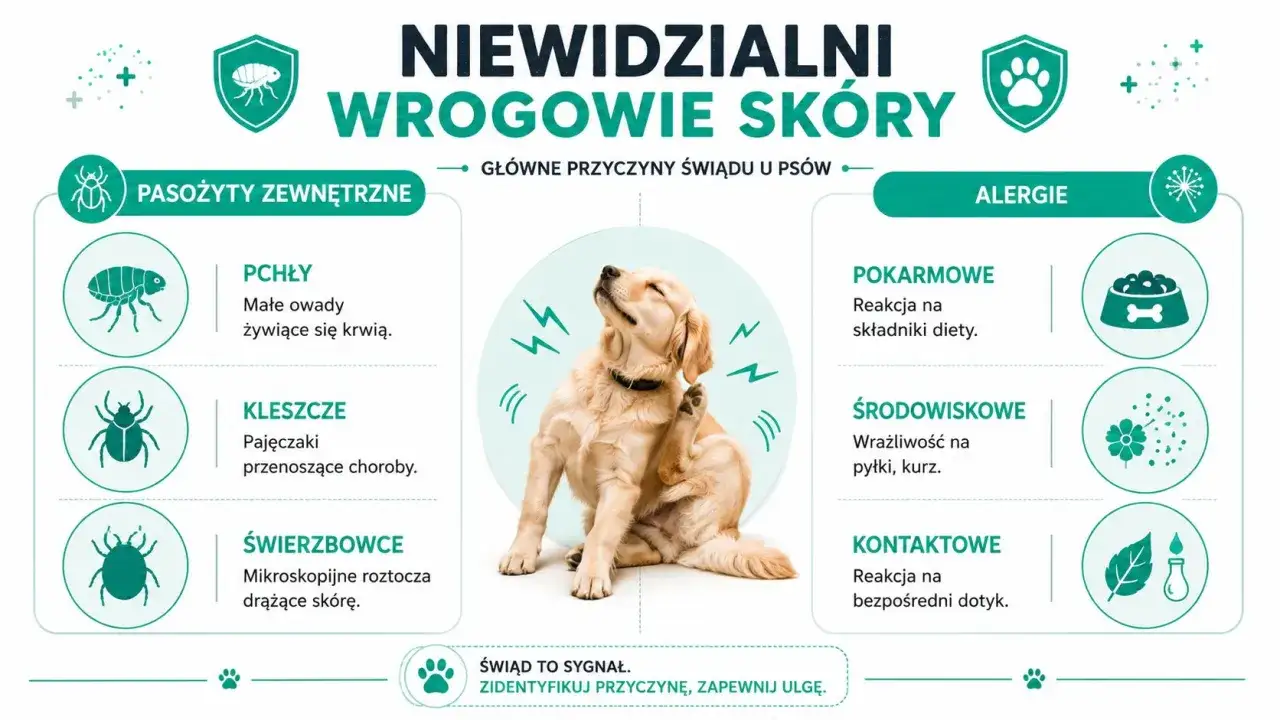 Pies gryzie właściciela, bo swędzi go skóra. Przyczyny: pasożyty (pchły, kleszcze, świerzbowce) i alergie (pokarmowe, środowiskowe, kontaktowe).