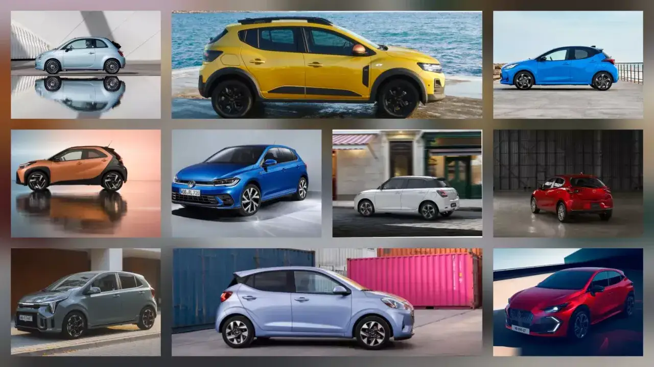 Kompilacja najmniejszych samochodów osobowych: Fiat 500, Dacia Sandero Stepway, Toyota Yaris, Toyota Aygo X, VW Polo, Suzuki Swift, Kia Picanto, Hyundai i10, Mazda 2.