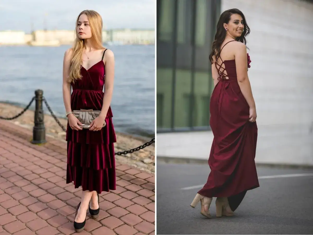 Dwie kobiety w bordowych sukienkach. Jedna w welurowej midi z czarnymi czółenkami, druga w długiej z gorsetowym tyłem i beżowymi sandałkami. Jakie buty do bordowej sukienki? Oto inspiracje.