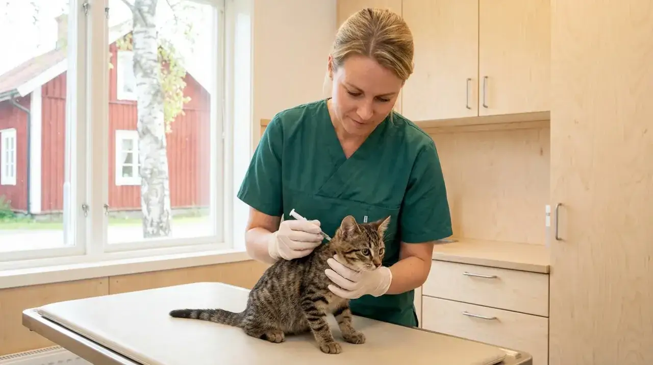 Veterin&auml;r ger en katt ett chip. Detta gps katt chip hj&auml;lper till att identifiera katten om den skulle komma bort.
