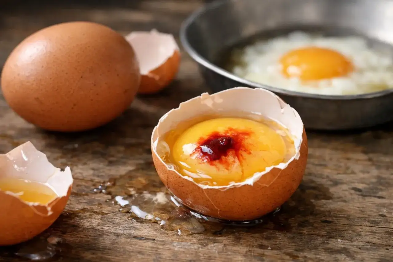 Un &oelig;uf cass&eacute; sur une planche en bois, son jaune vif parsem&eacute; d'une touche de rouge. Un autre &oelig;uf entier et des coquilles vides compl&egrave;tent la sc&egrave;ne.