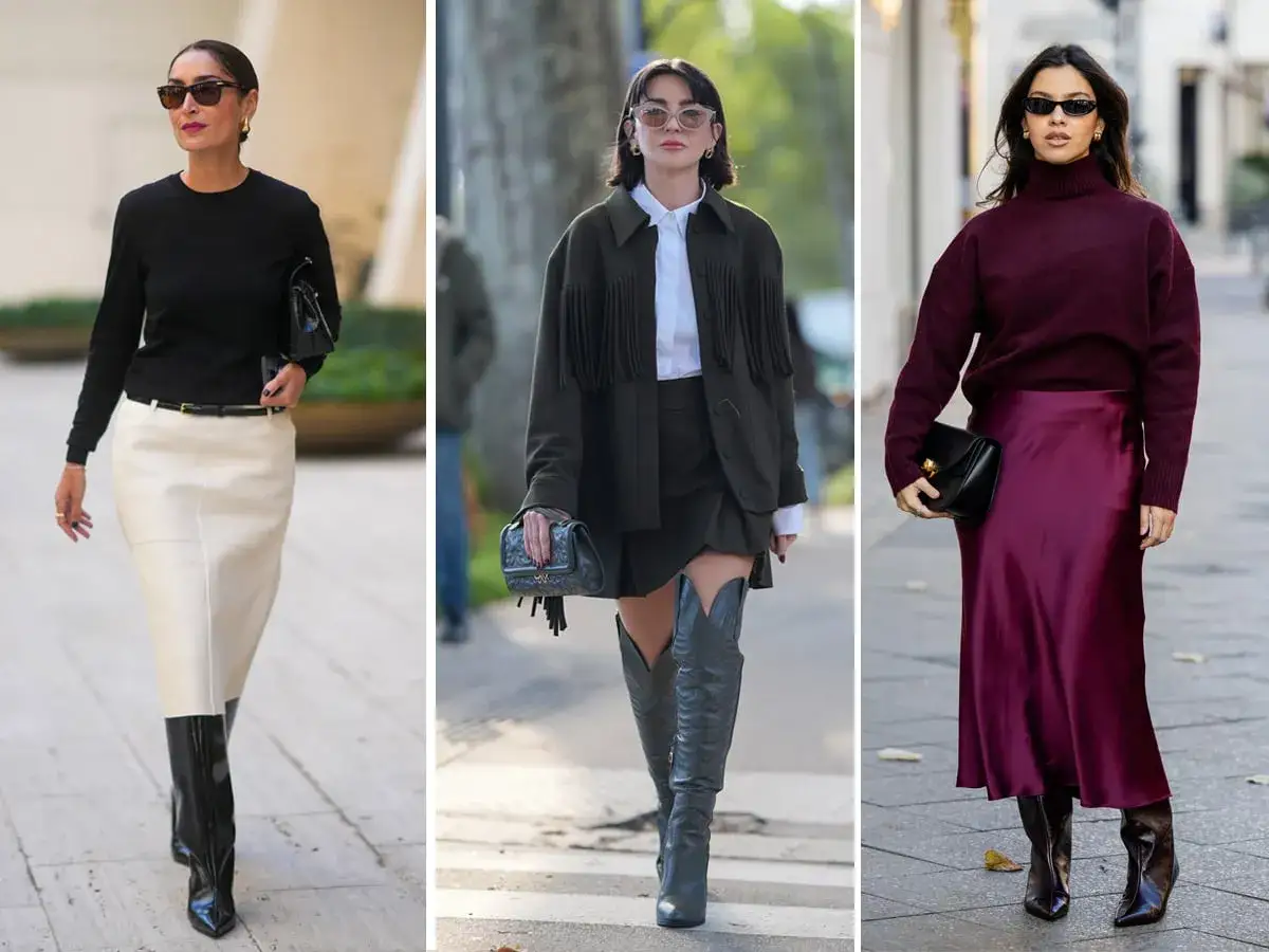 Tre donne sfoggiano un outfit gonna e stivali alti: uno con gonna in pelle chiara e stivali neri, uno con gonna corta e stivali grigi, e uno con gonna di raso bordeaux e stivali marroni.