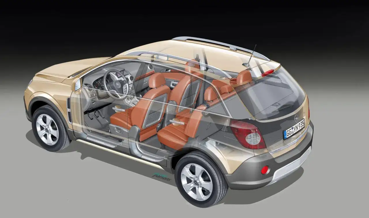 Przekrój Opla Antary z brązową skórzaną tapicerką. Wnętrze pokazuje komfort i przestronność, co potwierdzają pozytywne opel antara opinie.
