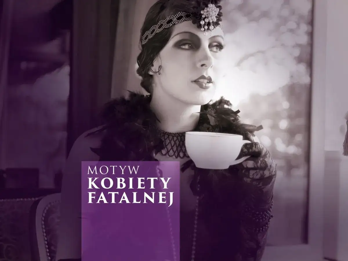 Kobieta w stylu retro z filiżanką kawy, ilustrująca, jakie są motywy działania femme fatale w literaturze noir i kryminale.