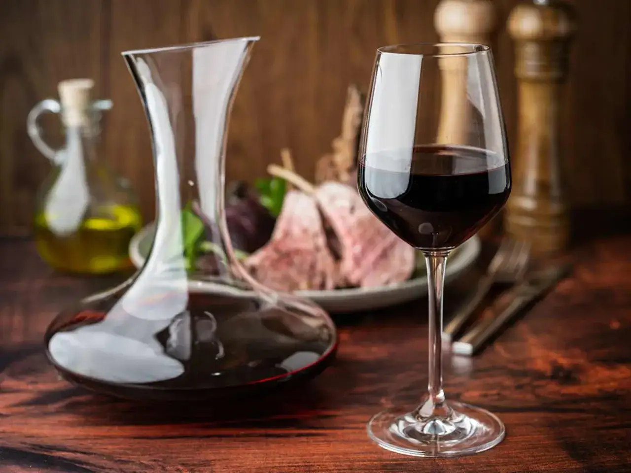 Ett glas rött vin och en karaff står redo för en utsökt middag med lamm. Perfekt vitt vin till lamm.