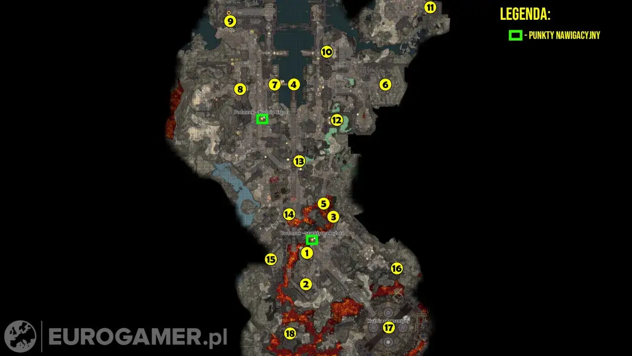 Mapa z Baldur's Gate 3, zaznaczona Kuźnia adamantyny. Punkty nawigacyjne wskazują drogę przez Podmrok.