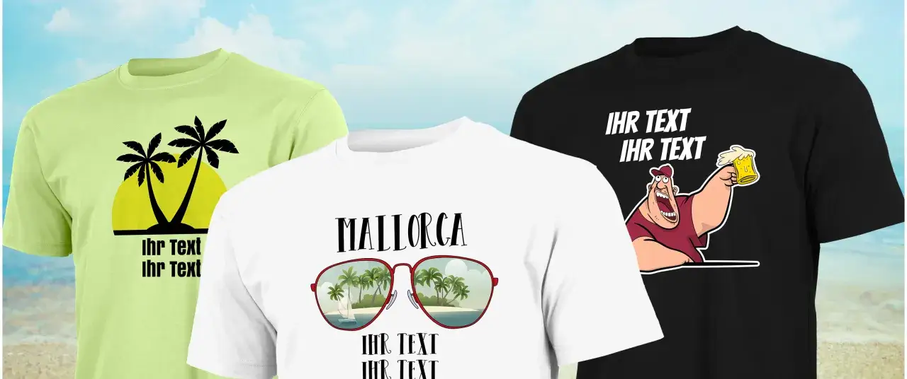 lustige Malle T-Shirts Gruppe am Strand von Palma