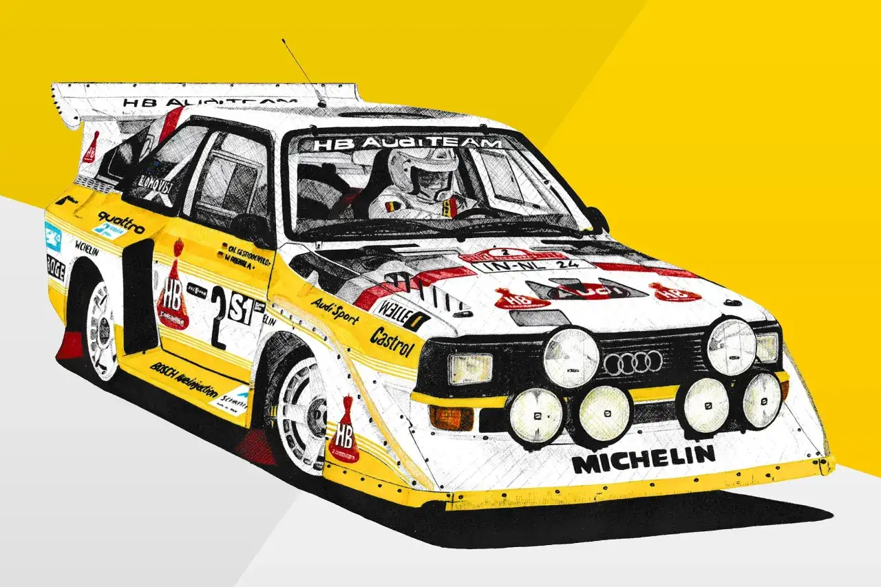 Rysunek kultowego Audi quattro S1 z numerem 2, gotowego do rajdu. Kierowca w kasku z belgijską flagą.