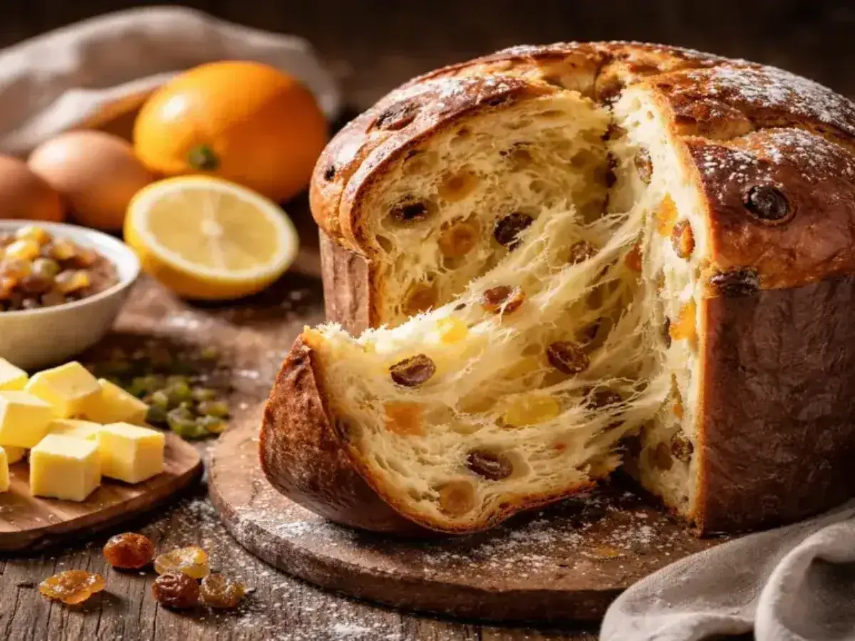 Un panettone italien artisanal, moelleux et dor&eacute;, garni de fruits confits. La recette parfaite pour un No&euml;l gourmand.