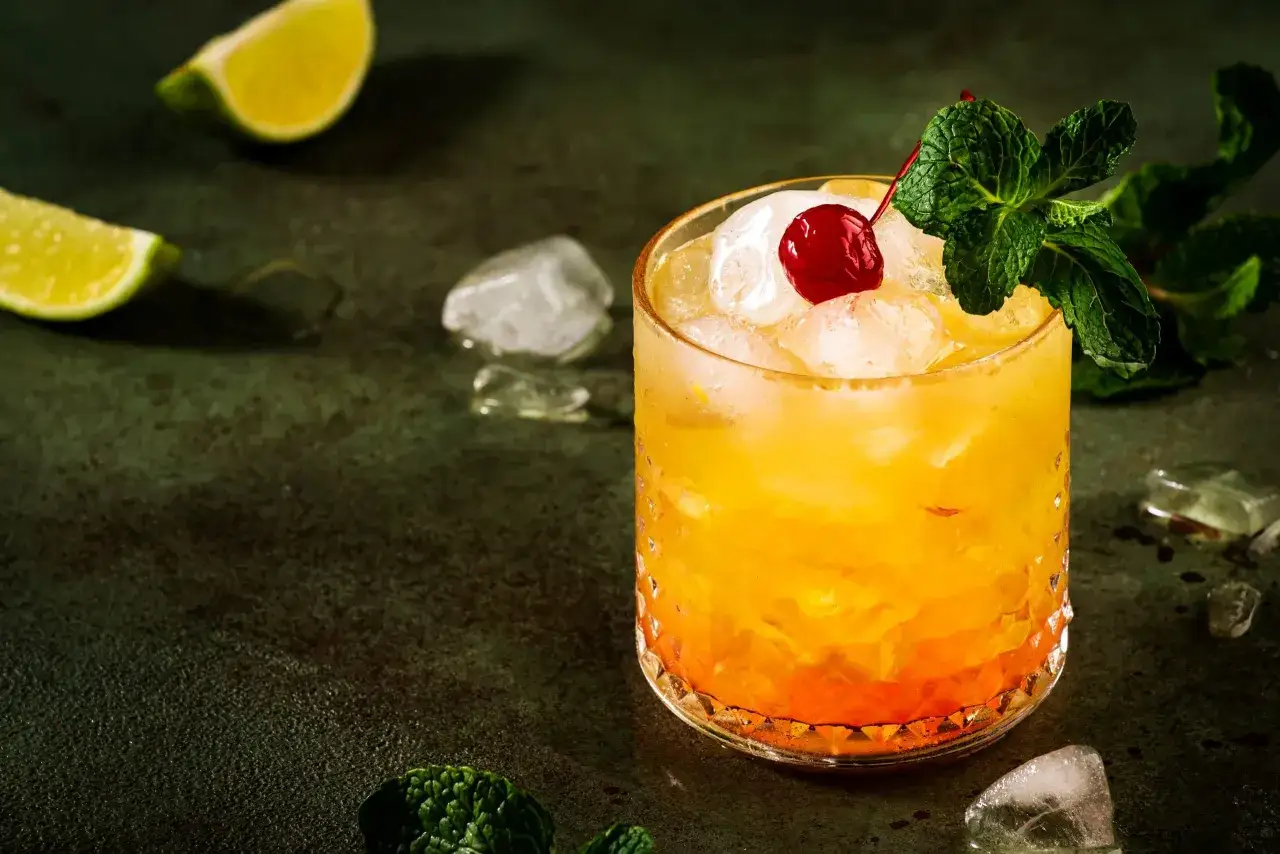 Cocktail rafraîchissant à la bière et grenadine, garni d'une cerise et de menthe. Des quartiers de citron vert et des glaçons complètent la scène.