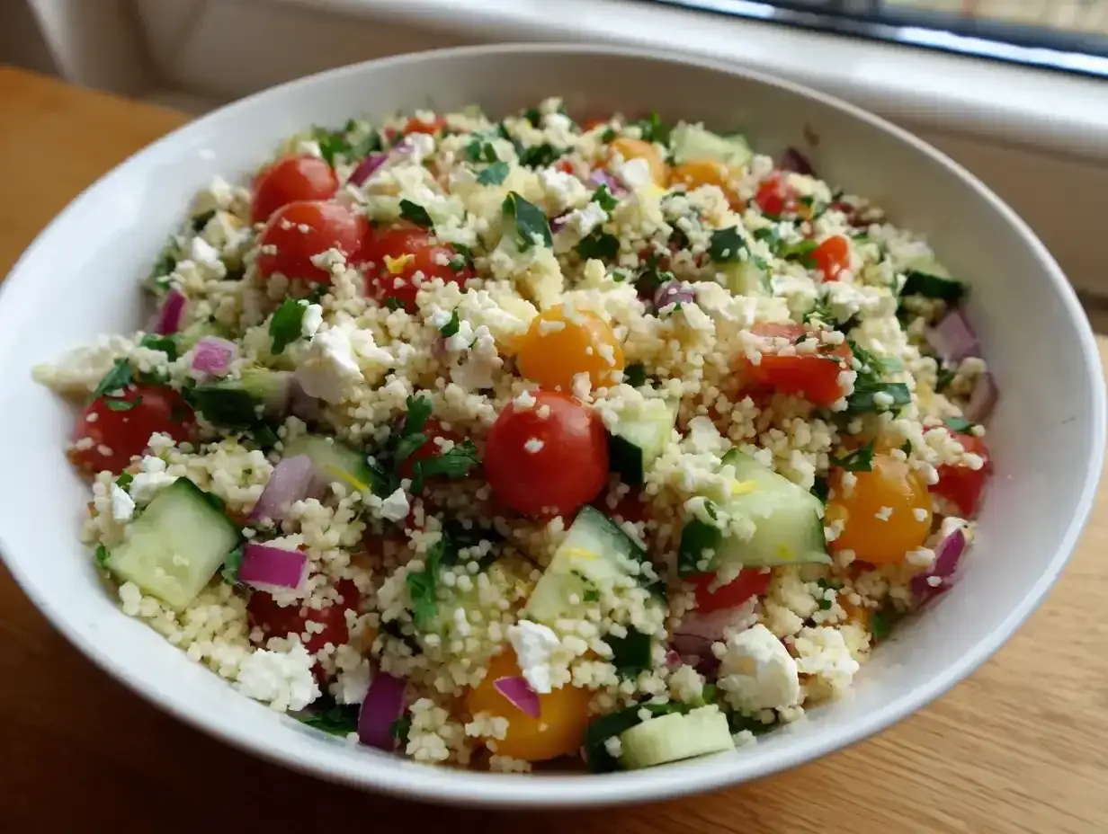 En h&auml;rlig couscous sallad med k&ouml;rsb&auml;rstomater, gurka, r&ouml;dl&ouml;k och fetaost. Perfekt sommarbuff&eacute;!