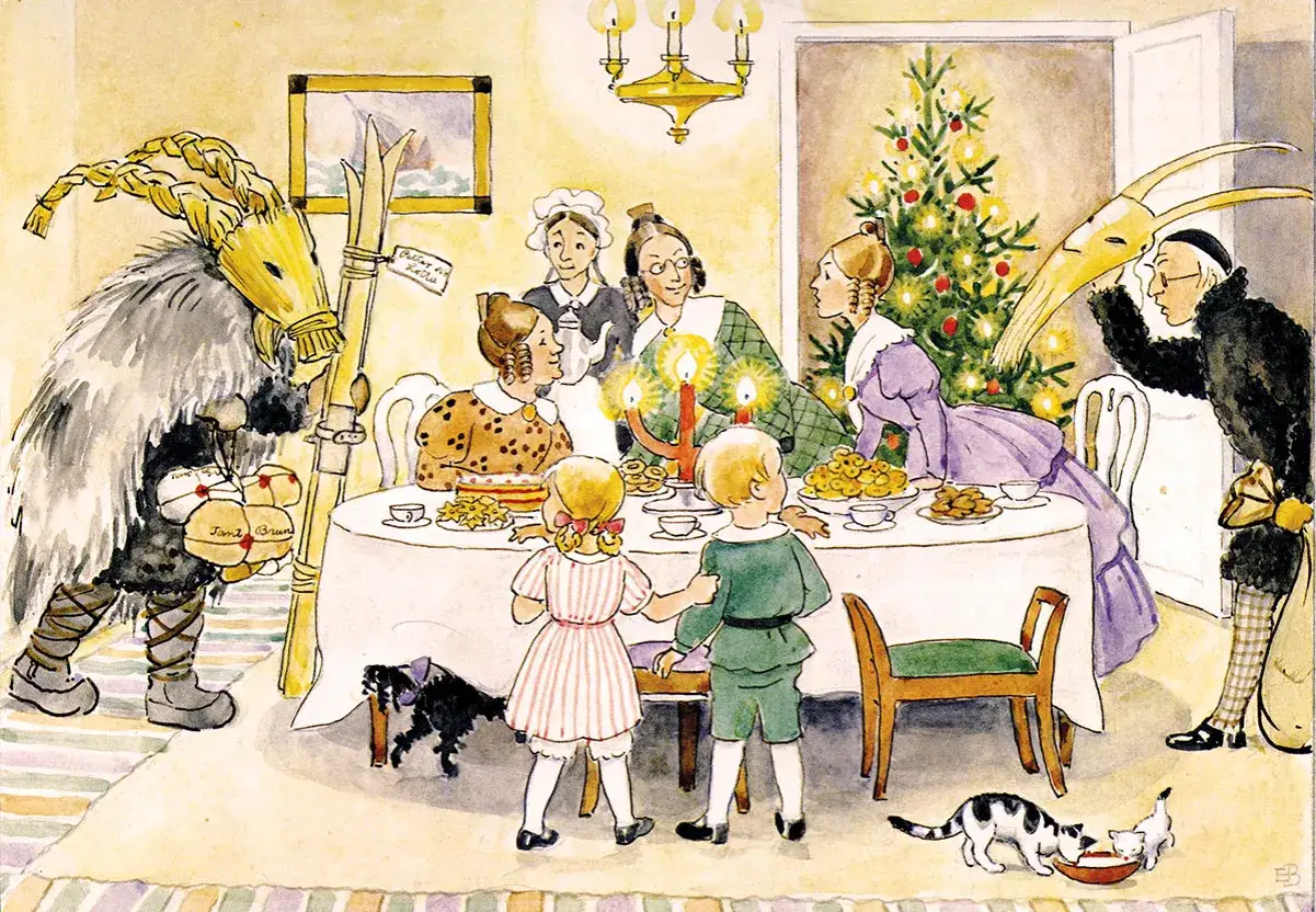 En julbock med horn av halm och p&auml;ls kommer in med presenter. Familjen vid julbordet undrar vart kommer tomten ifr&aring;n?