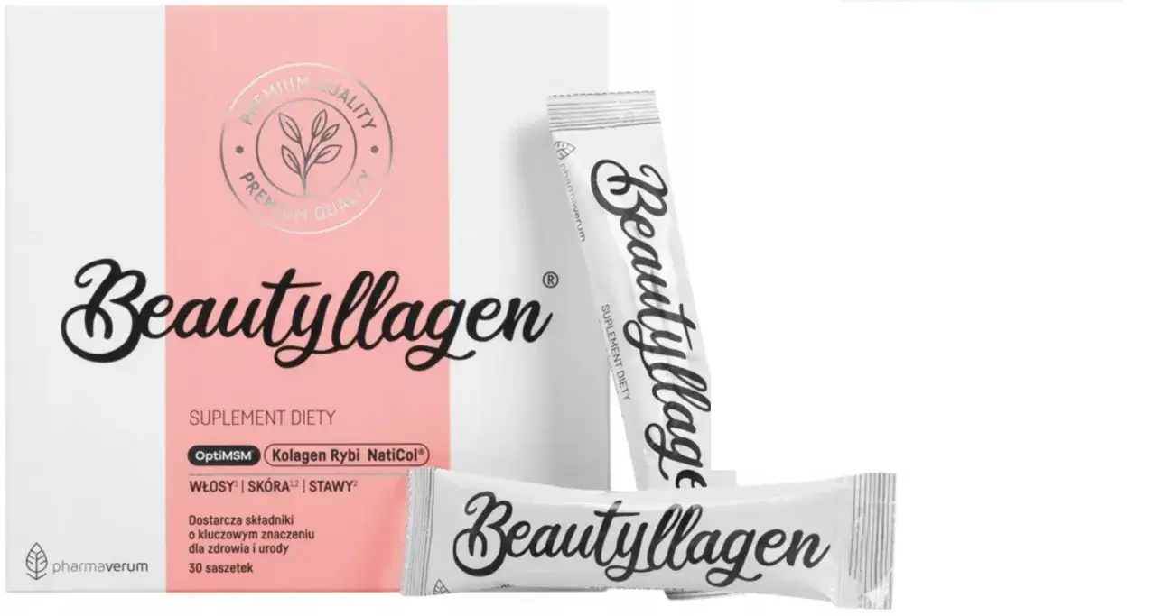 Suplement diety Beautyllagen zawiera kolagen typu 1 i 3, wspierający włosy, sk&oacute;rę i stawy. Opakowanie z 30 saszetkami.