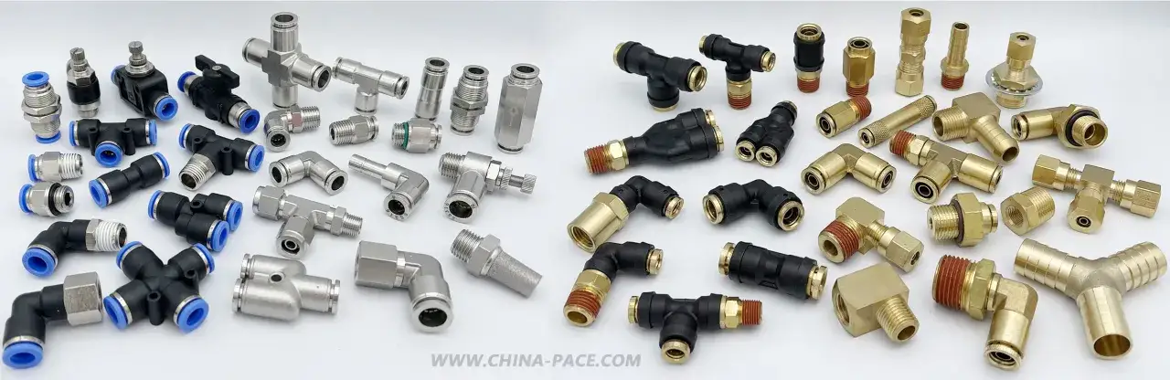 Variedad de conectores neum&aacute;ticos y accesorios de lat&oacute;n y acero inoxidable, incluyendo codos, tes y uniones. Perfectos para sistemas de rosca gas c&oacute;nica.