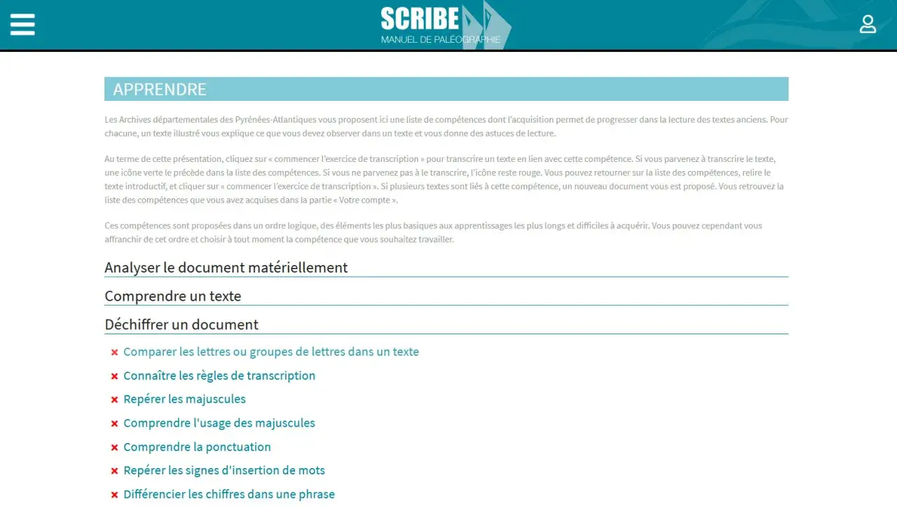 Interface de Scribe, un logiciel de pal&eacute;ographie gratuit, proposant des exercices pour apprendre &agrave; d&eacute;chiffrer des documents anciens.