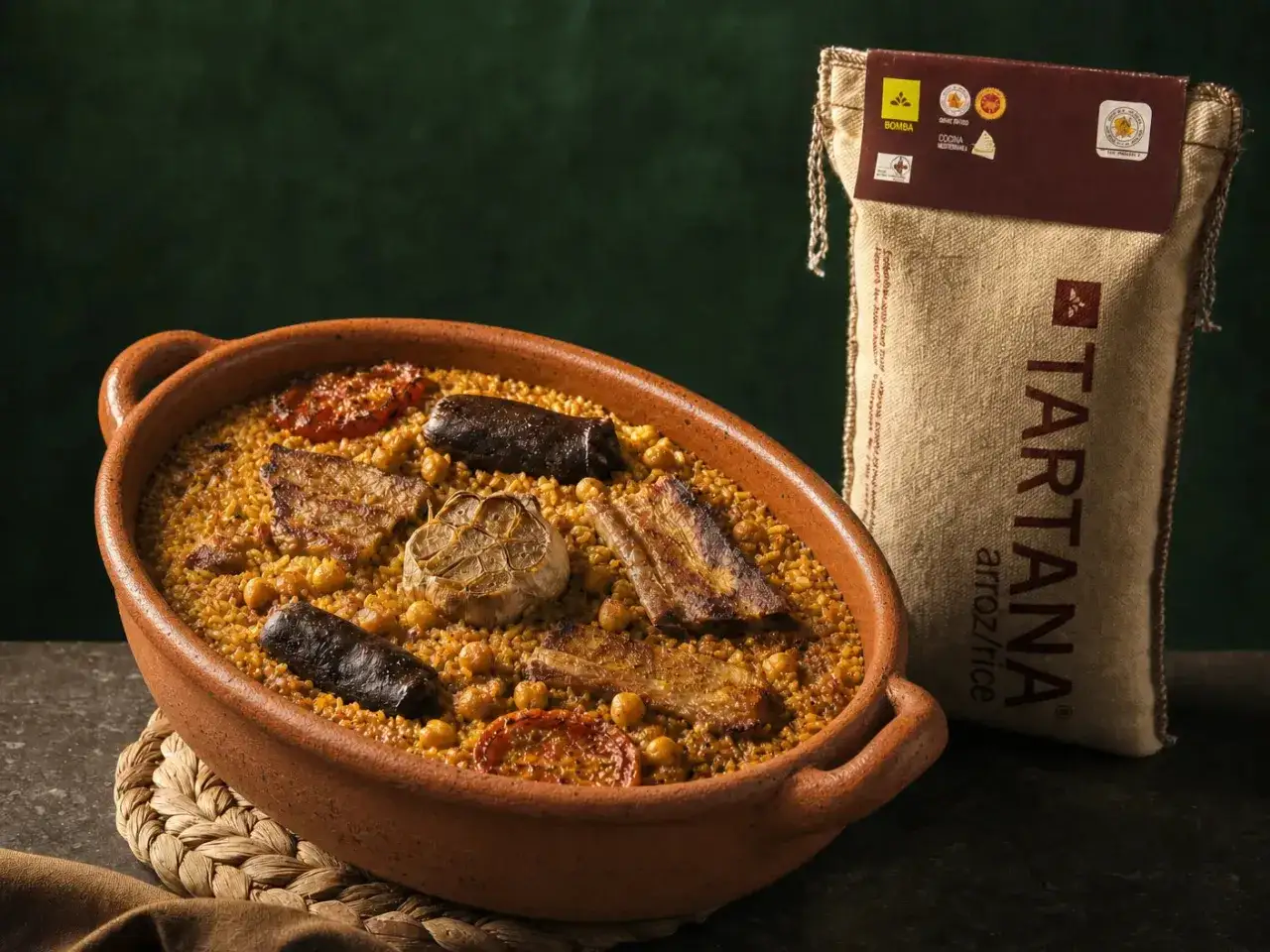 Un delicioso arroz con costra en cazuela de barro, con garbanzos, morcilla, tomate y ajo asado. Al lado, un saco de arroz Tartana.