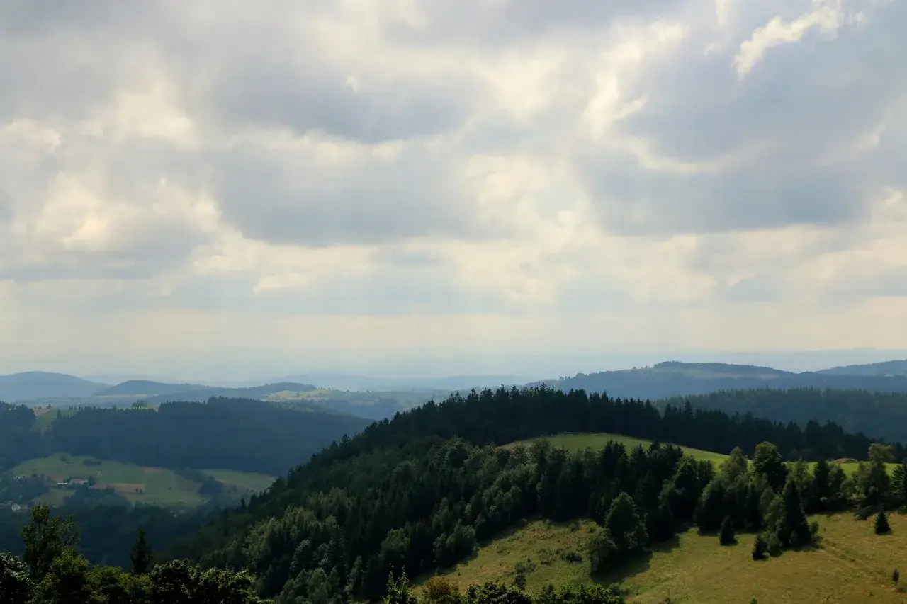 Malowniczy krajobraz Gór Sowich z zielonymi wzgórzami i lasami. Idealne miejsce na odkrywanie atrakcji i podziwianie natury.
