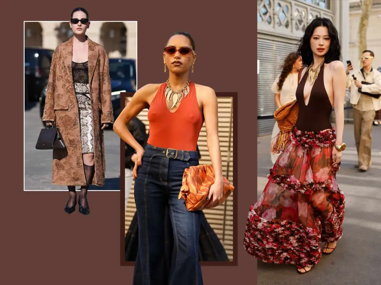 Drei Frauen in stylischen Outfits. Ein body kombinieren party-Look mit Blumenrock, ein Outfit mit Jeans und orangefarbenem Body, und ein eleganter Mantel &uuml;ber einem Schlangenmuster-Kleid.