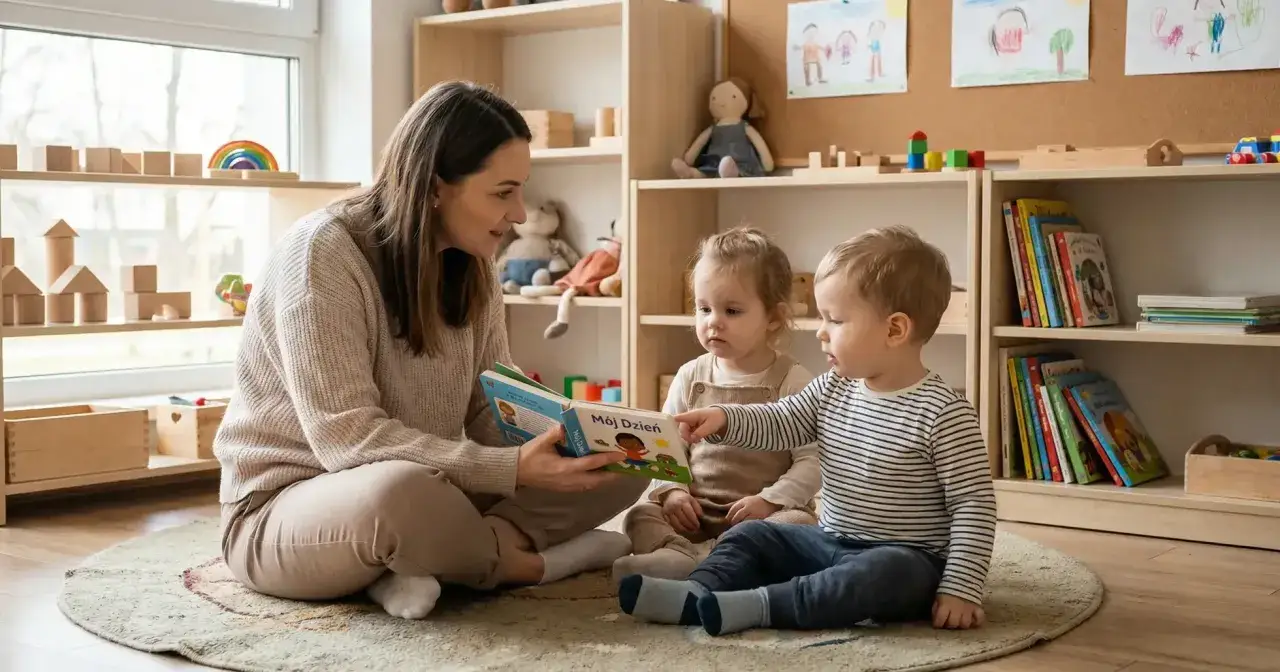 Opiekunka w żłobku czyta dzieciom książkę. Zastanawiasz się, ile zarabia opiekunka w żłobku?