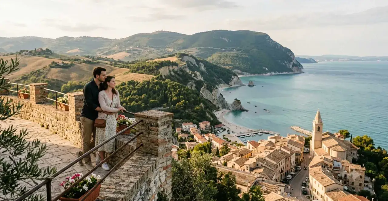 Coppia abbracciata ammira un panorama mozzafiato: borgo marinaro, mare azzurro e colline verdi. Posti belli nelle Marche da sogno.