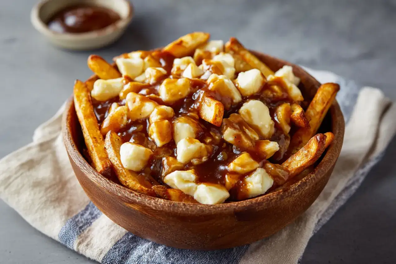 Un bol en bois débordant de frites croustillantes, de fromage en grains fondant et de sauce brune onctueuse. Une parfaite recette poutine québécoise.