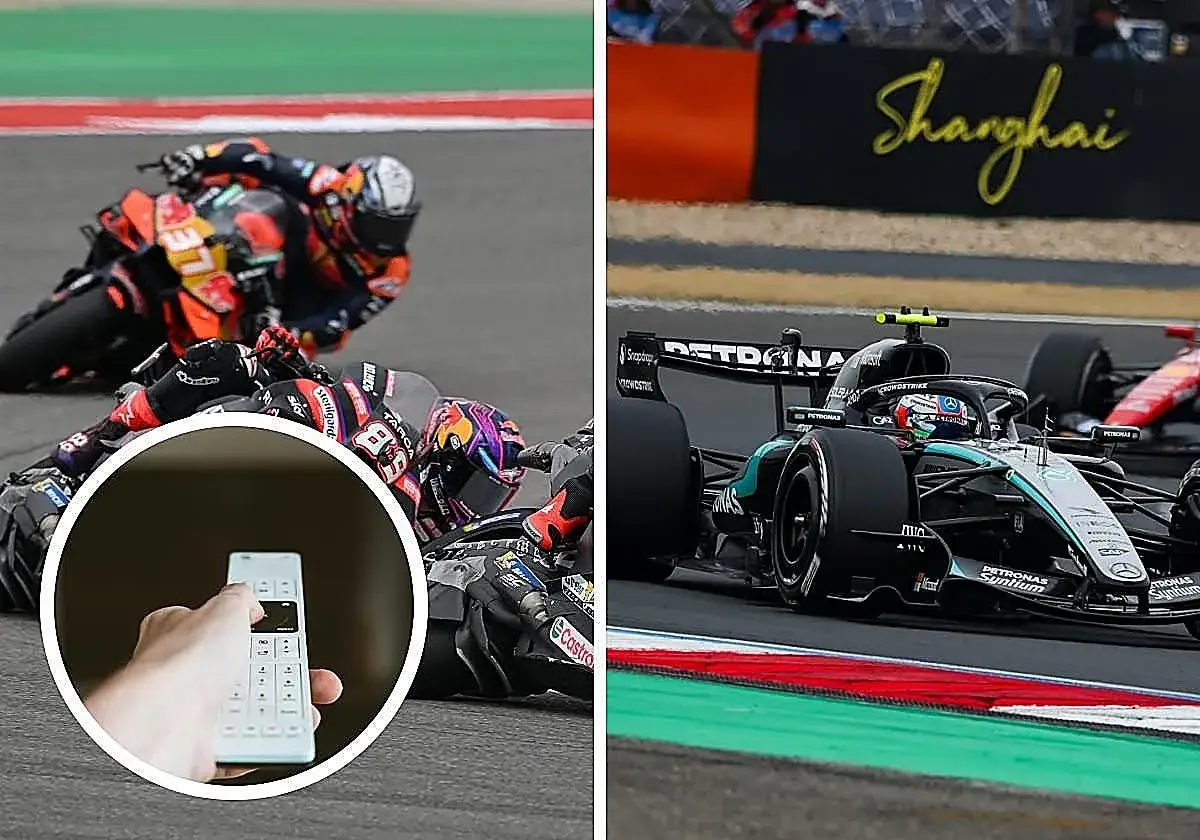 Motociclistas en acción y un coche de Fórmula 1 en Shanghai. ¡Disfruta del motogp en abierto desde casa!