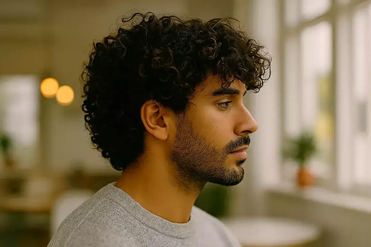 Un homme avec des cheveux 2b boucl&eacute;s, regardant par la fen&ecirc;tre.