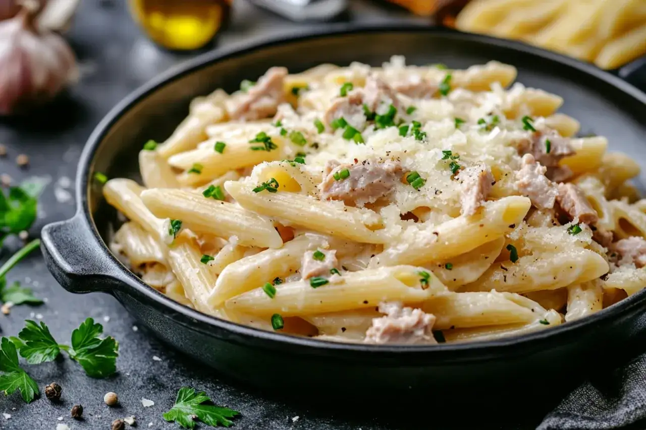 Cremige Penne mit Thunfisch, garniert mit Parmesan und Schnittlauch. Ein k&ouml;stliches Thunfisch Pasta Gericht.