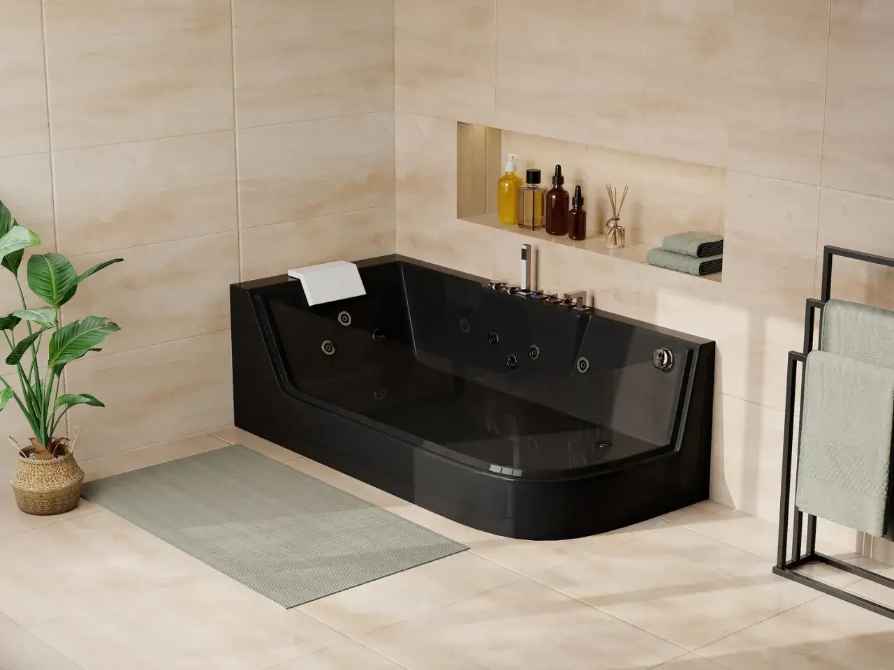 Une luxueuse baignoire baln&eacute;o noire invite &agrave; la d&eacute;tente. Oui, on peut se laver dans une baignoire baln&eacute;o pour un moment de pur bien-&ecirc;tre.