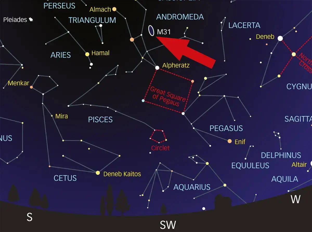 Mapa nieba z zaznaczonymi nazwami gwiazd i konstelacji, w tym M31 (Galaktyka Andromedy) i Wielki Kwadrat Pegaza.