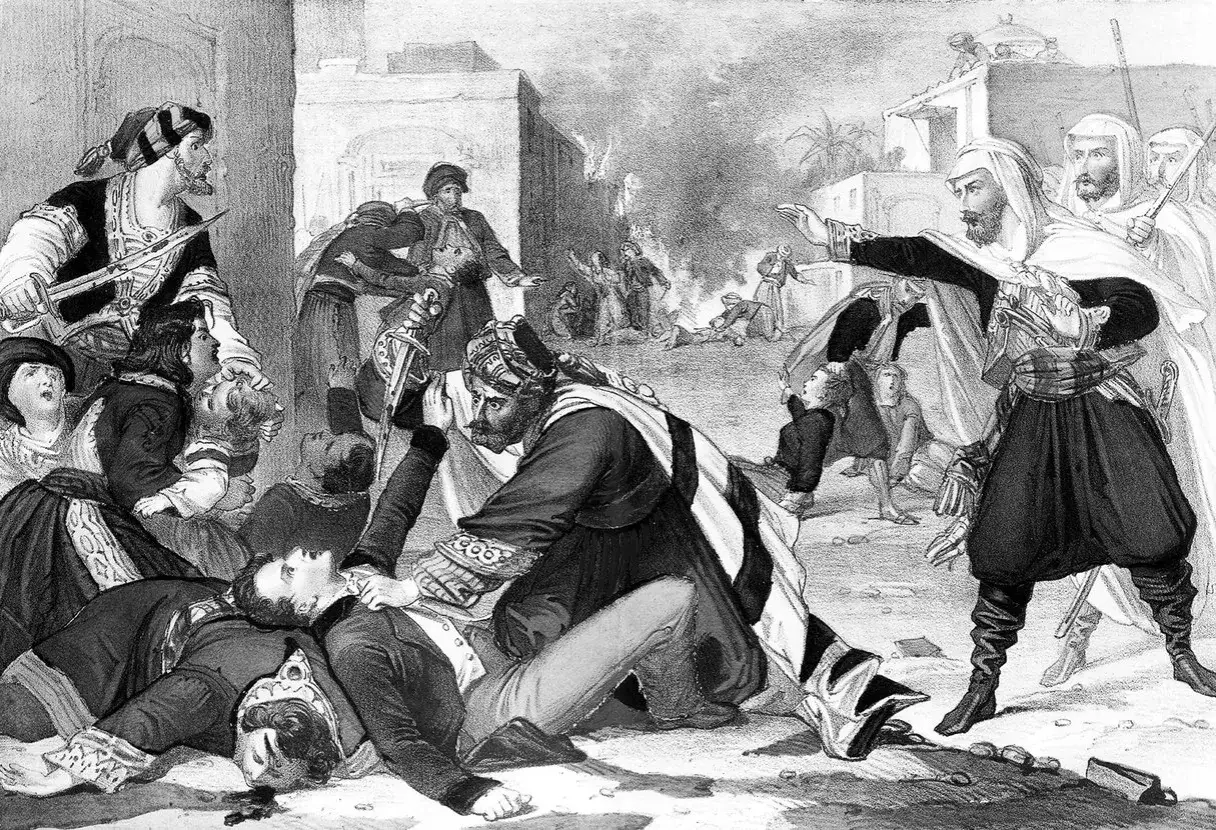 Scène de combat intense, un homme blessé gît au sol, un autre le soutient. Au loin, le feu crépite. L'émir Abdelkader, figure centrale, dirige ses troupes.