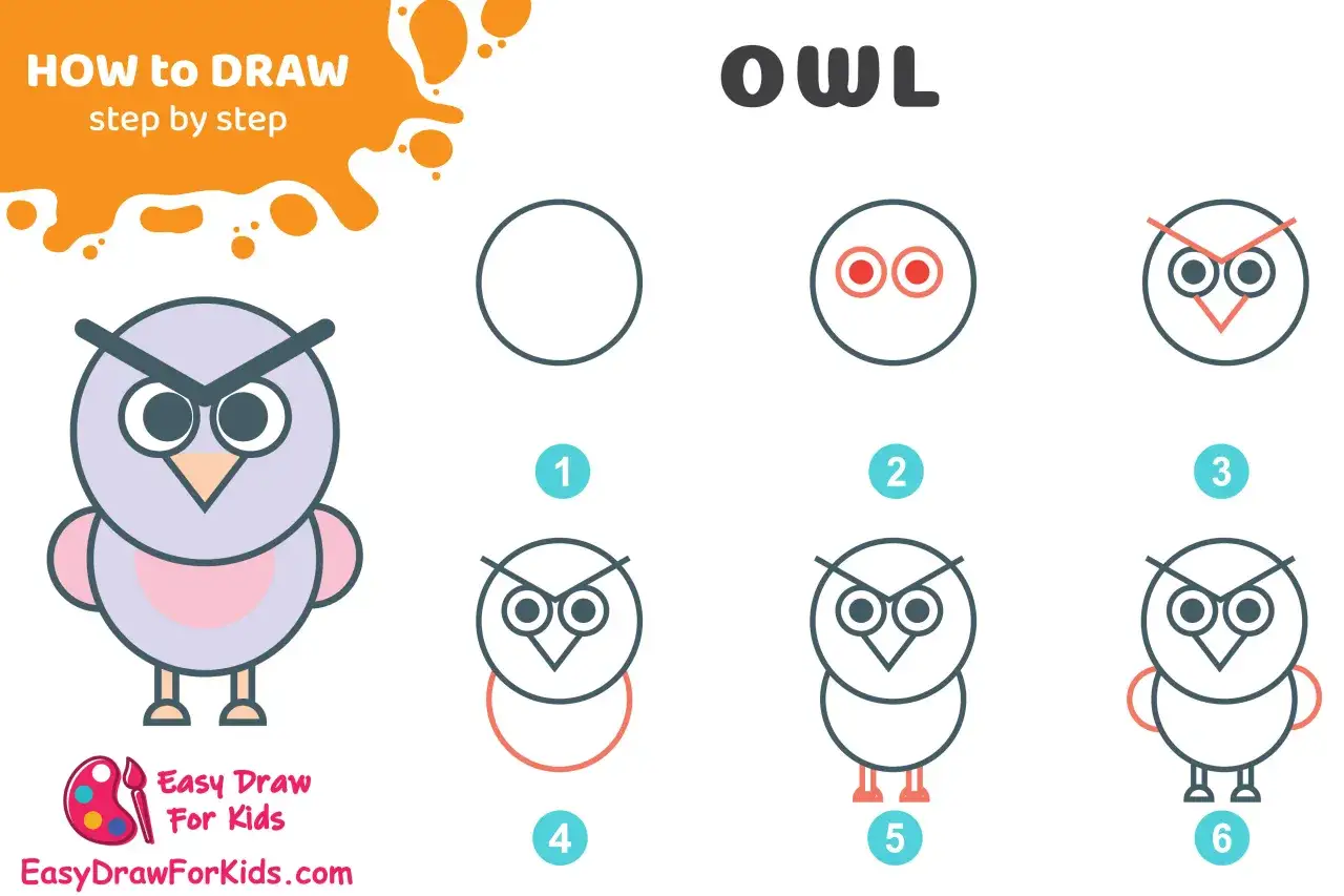 Guía paso a paso: como dibujar un buho. Ilustración muestra el proceso de dibujo de un búho, desde círculos hasta un dibujo completo.